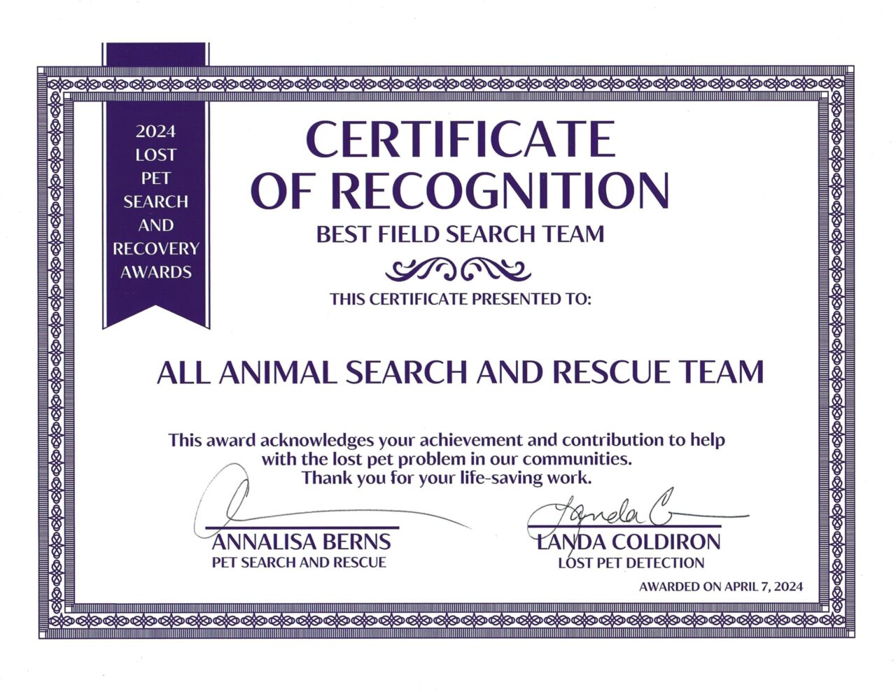 2024 Lost Pet Search and Rescue Recovery Awards - All Animal Search and Rescue Team